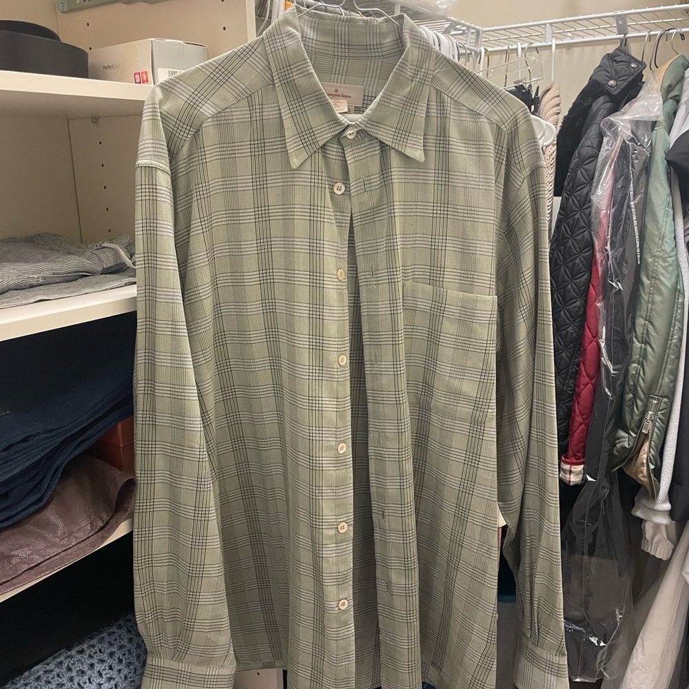Ermenegildo Zegna Olive Plaid Button Down Shirt